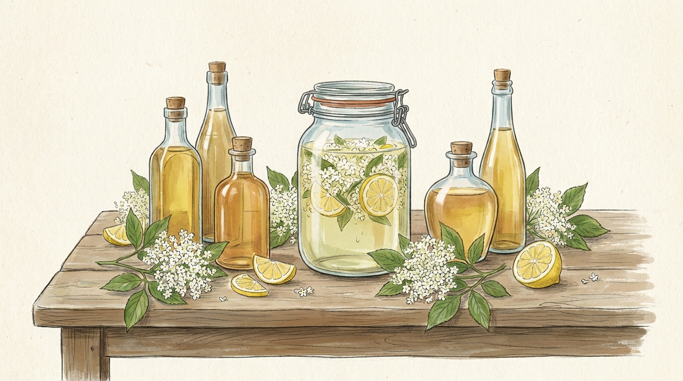 Holunderblüten in Glasflaschen für selbstgemachten Sirup.