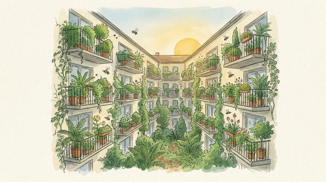Innenhof in Köln-Ehrenfeld mit bepflanzten Balkonen rund um einen begrünten Hof.