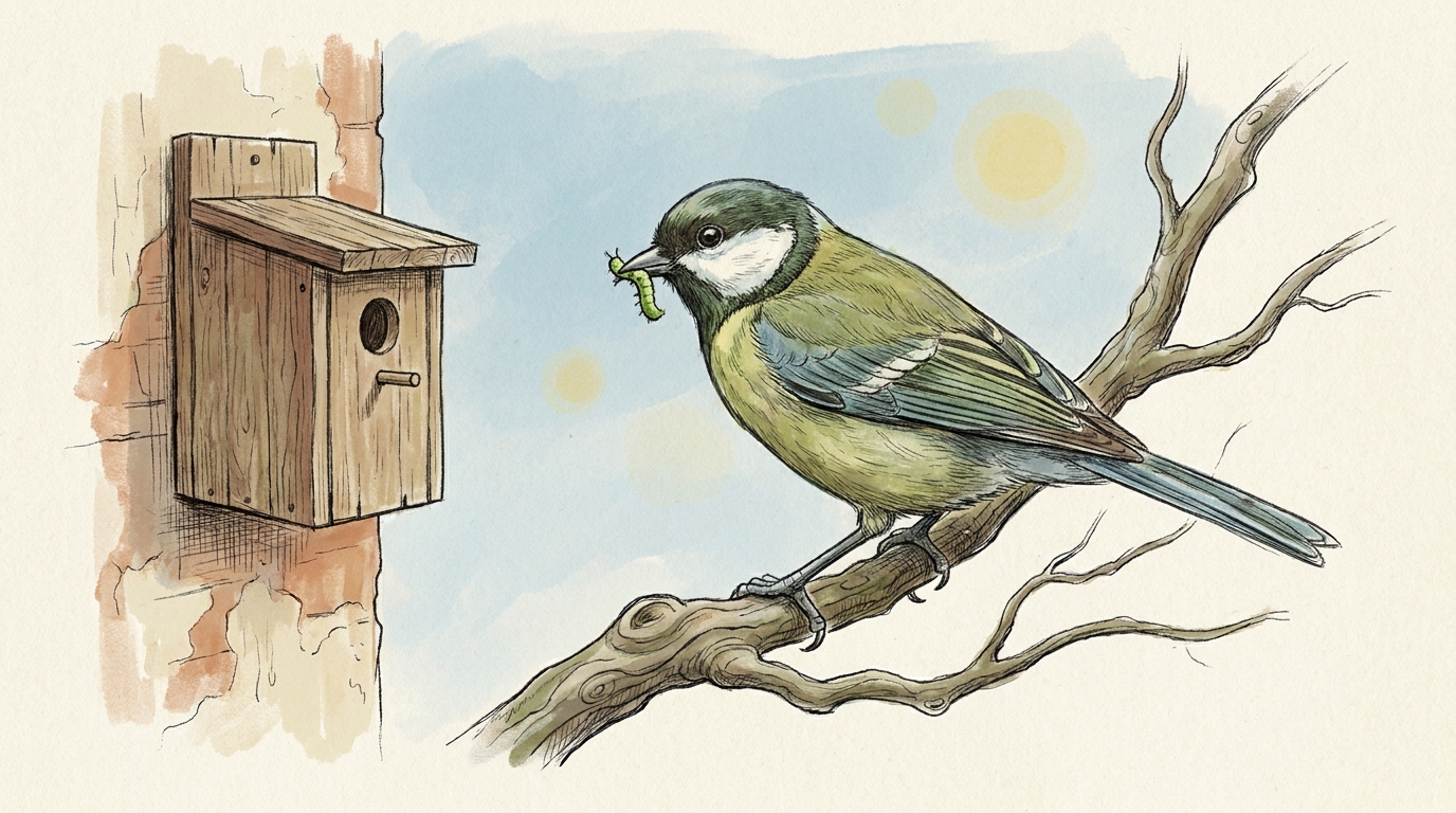 Kohlmeise (Parus major) mit gelbem Bauch, schwarzem Längsstrich und weißen Wangen auf einem Zweig.