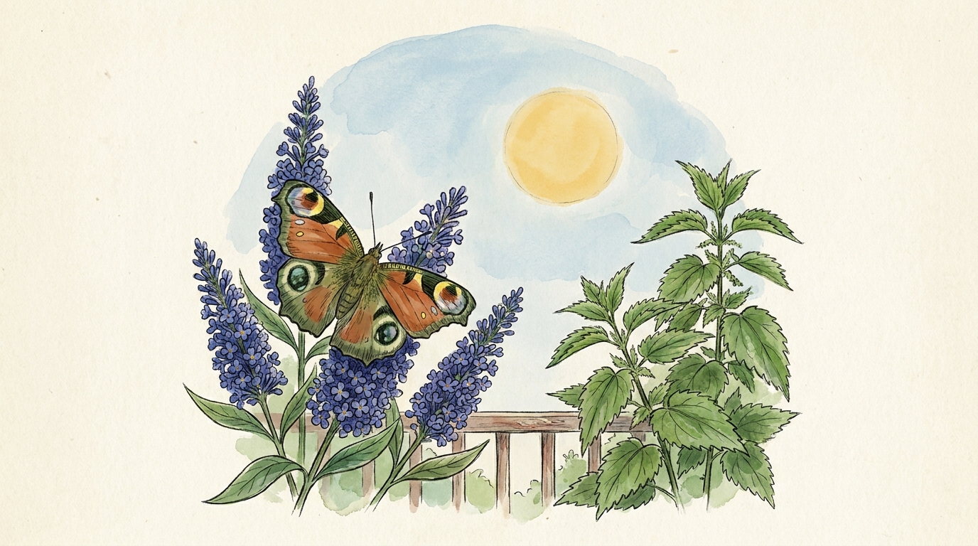 Tagpfauenauge (Aglais io) mit den vier markanten blauen Augenflecken auf rostroten Flügeln.