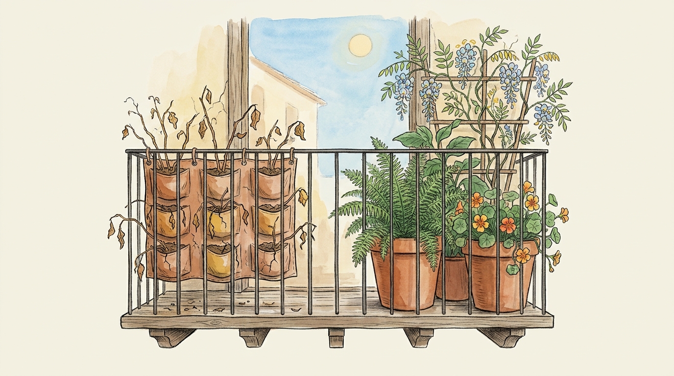 Vertical-Farming-System auf einem Balkon, kritisch betrachtet.