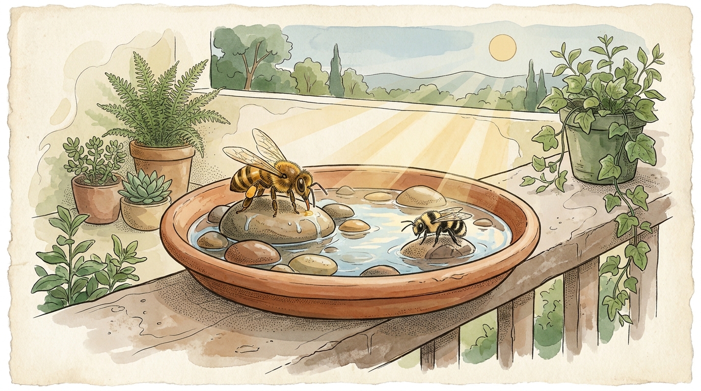 Flache Tonschale mit Steinen als Wildbienen-Tränke.