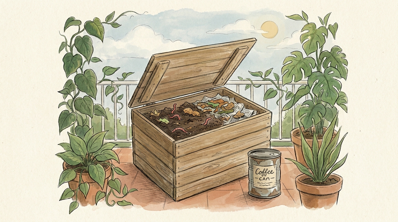 Wurmkompost-Box mit Kompostwürmern und Küchenabfällen.